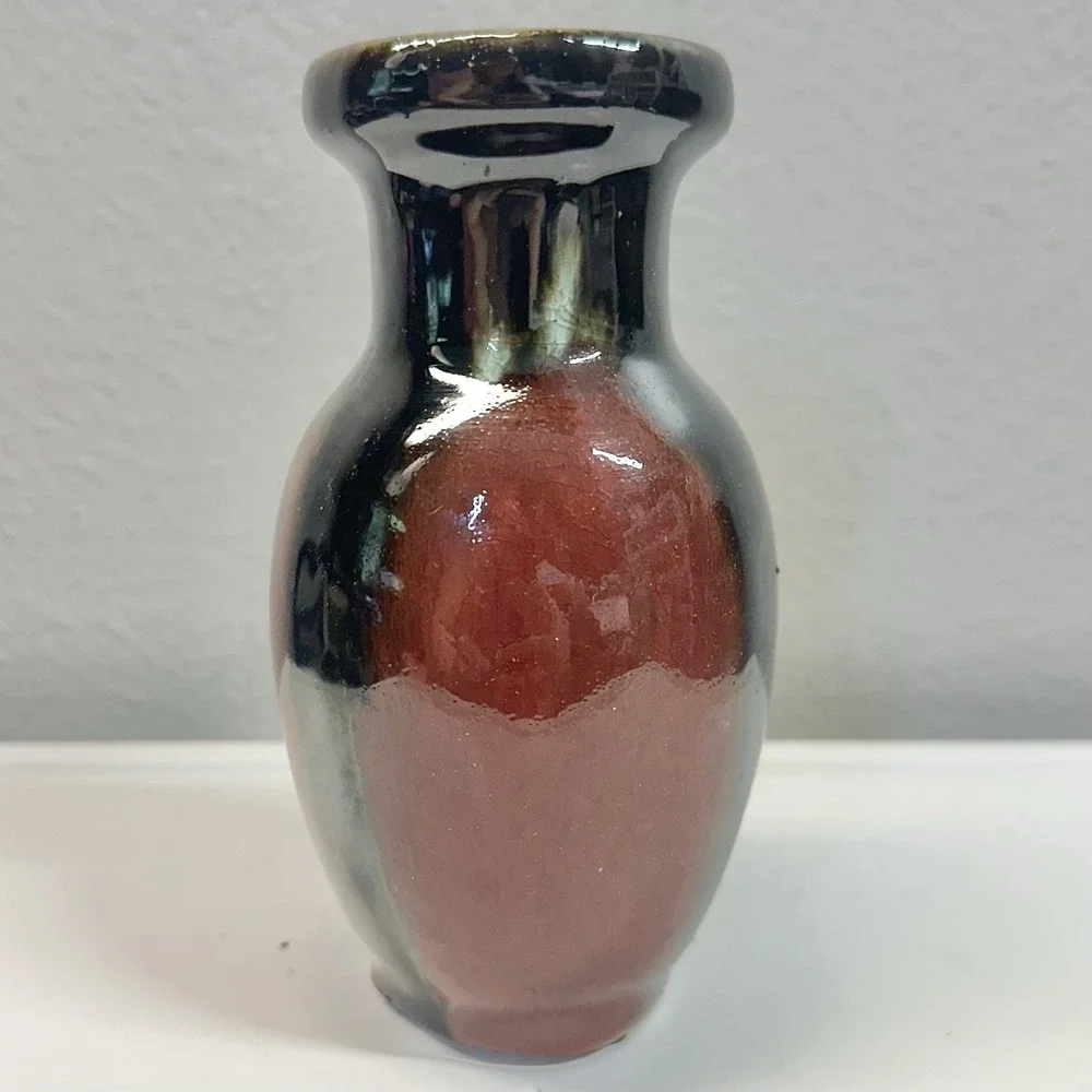 Vintage Studio Art Pottery Bud Vase Oxblood Red Black Drip Glaze 6